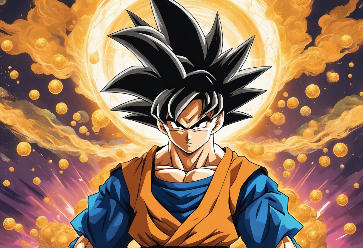 Goku's iconic spiky hair stands out against a vibrant background, surrounded by floating orbs and martial arts symbols