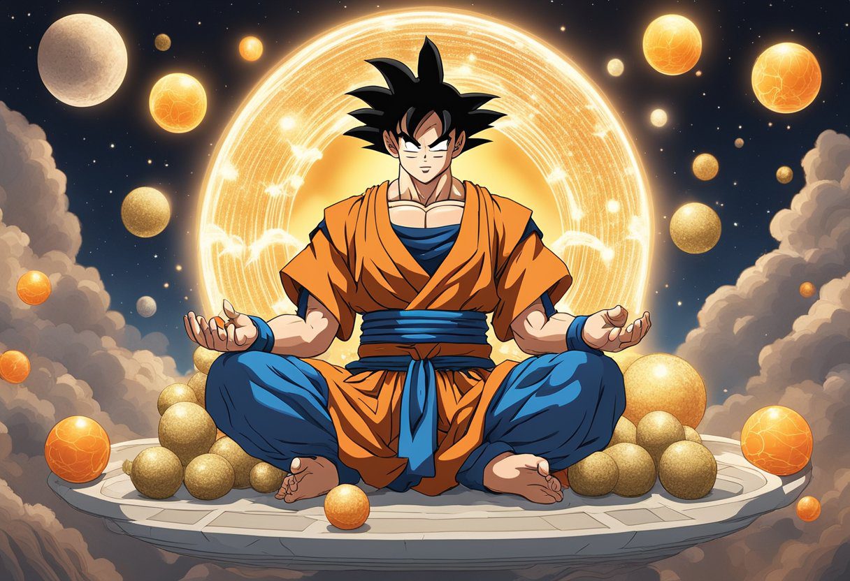 Goku floating in a serene meditation pose, surrounded by glowing orbs depicting 10 unusual facts about his eating habits