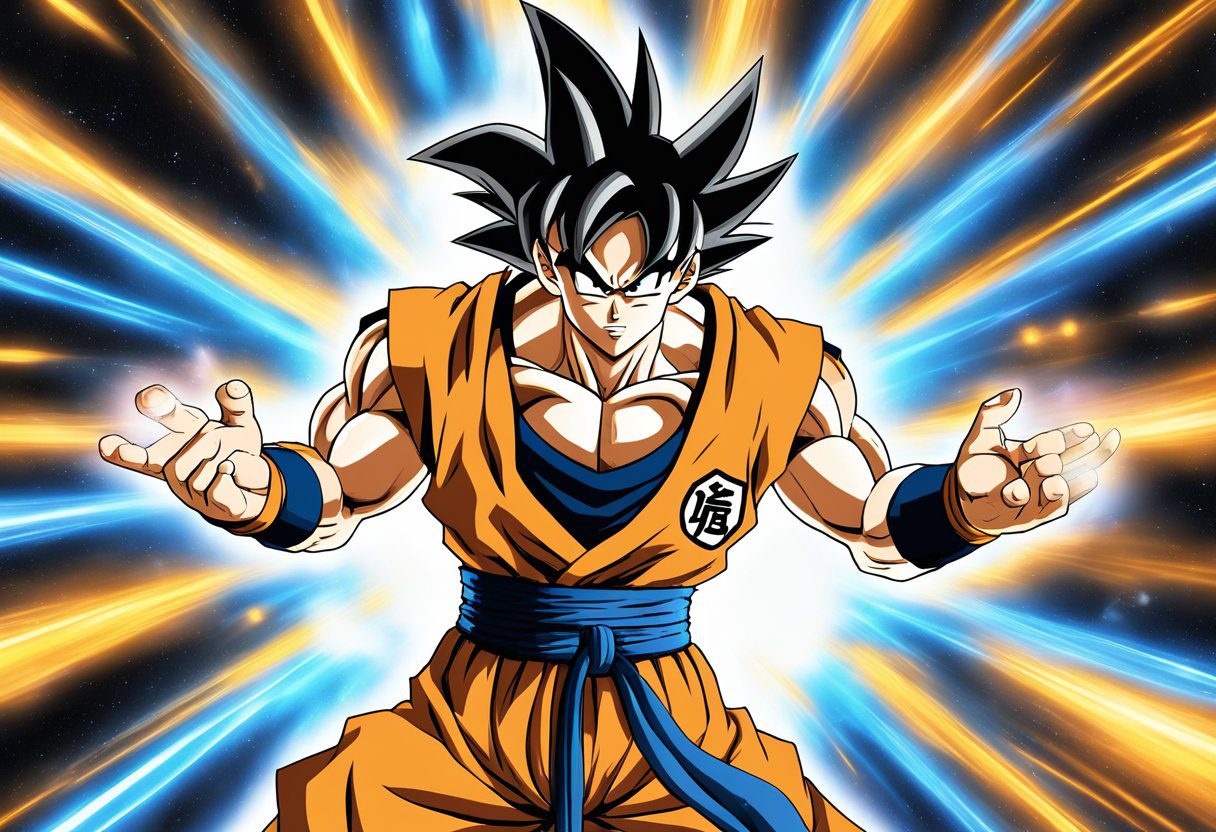 Goku powering up, surrounded by energy aura, with 10 floating facts about him in the background