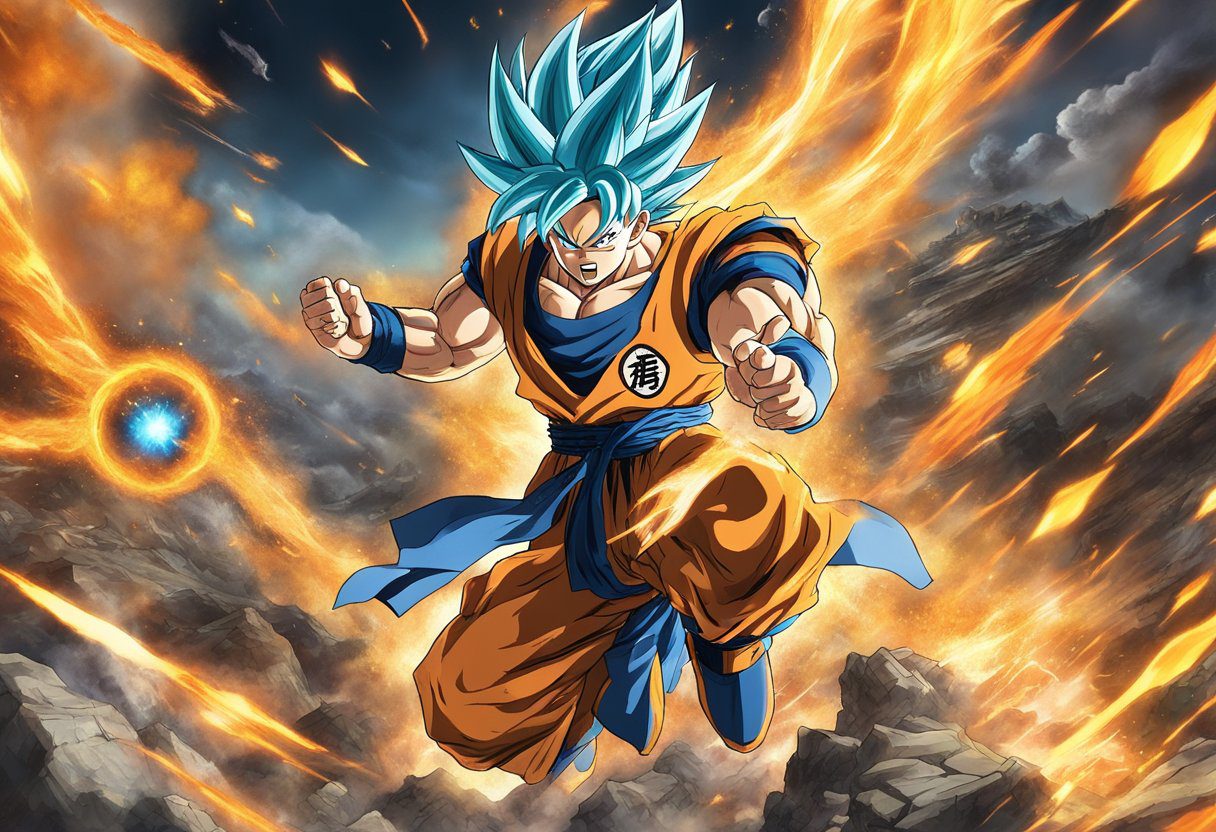 Goku flying through a fiery battlefield, surrounded by energy blasts and foes, showcasing his combat prowess