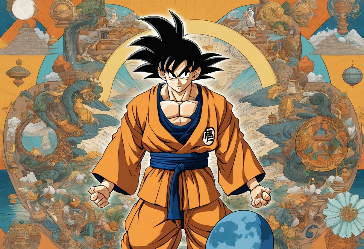 Goku surrounded by cultural symbols, 10 unusual facts floating around him