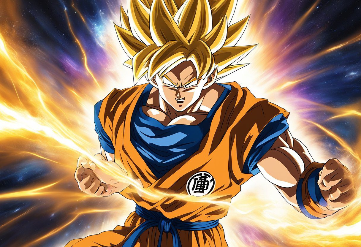 Goku powering up with glowing energy, surrounded by swirling aura and intense determination