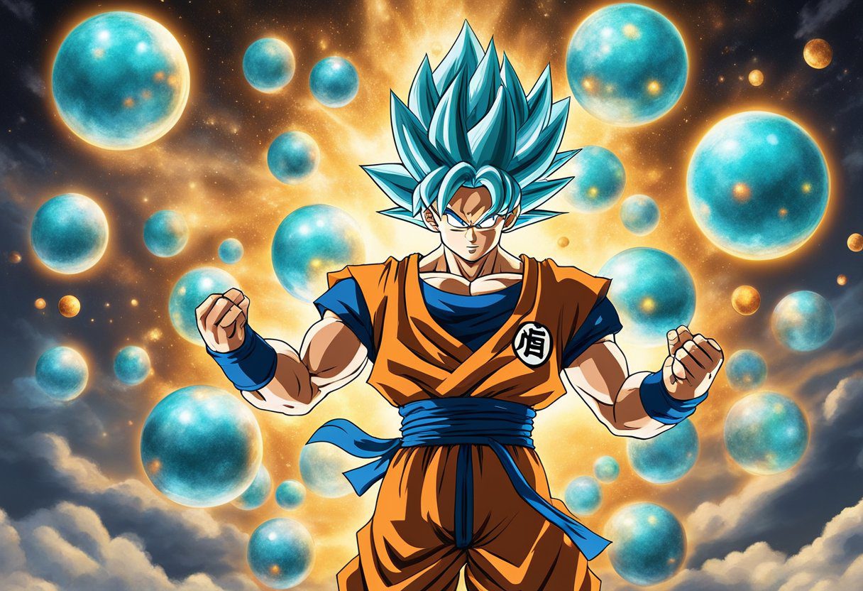 Goku stands with a confident posture, surrounded by 10 floating orbs representing unusual facts about him. Each orb emits a different color and glows with a mysterious energy